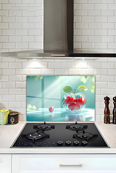 kutuTR Ocak Arkası Temperli Cam Koruyucu Uv Baskı –Minimal Elma Temalı Tasarı...