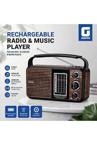Geepas Rechargeable Radio Music Player FM AM SW USB SD BT
