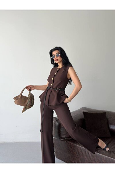 SUXİRCNHTMTS Women's Buttoned Belted Vest and Palazzo Pants Two-Piece Set