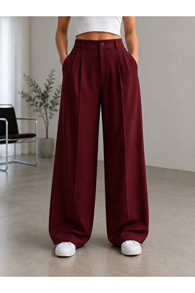 jjtech Palazzo Oversize Kesim Bordo Kadın Pantolon