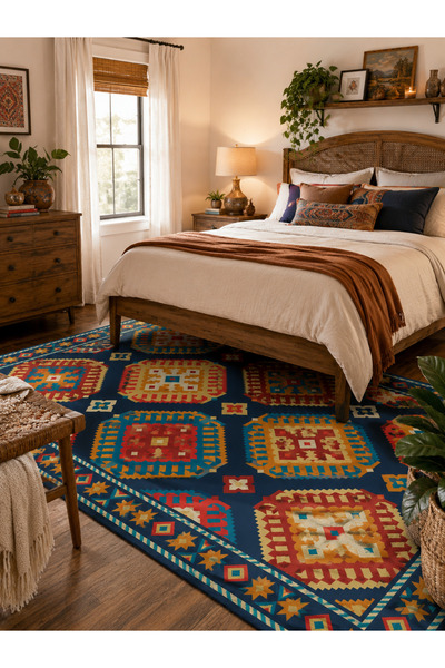 Homeilla Etnik Kilim Desenli Lacivert Dekoratif Halı