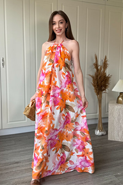 Dilay Gökoğlu Butik Halter Neck Floral Patterned Long Dress