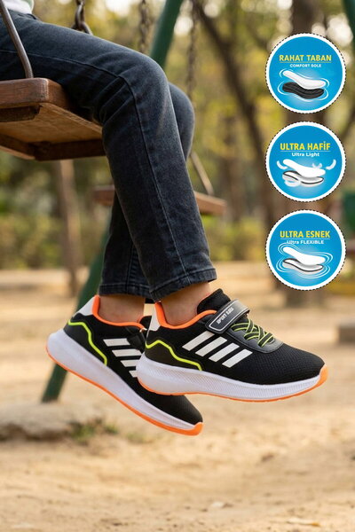 WALKWAY Black-Orange Velcro Mesh Lightweight Boys' Sports Shoes 755 F