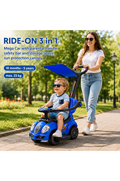 Bebelul Masinuta copii RIDE-ON 3 in 1 Mega Car cu maner parental, bara protec...