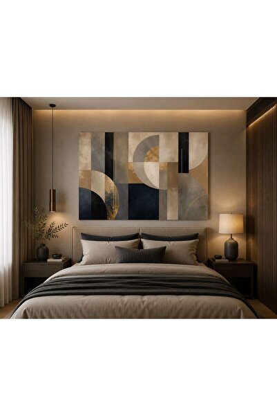 walliva Modern Soyut Geometrik Kanvas Tablo Lacivert Bej Gri Gold Tonlu Elega...