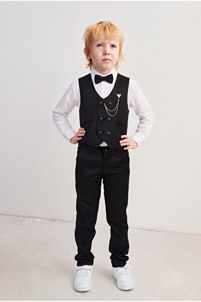 Magu Boy's Black Vest Shirt Pants Set