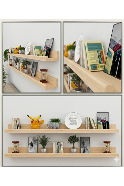 Mutowood 100 cm 2'li Çam Ahşap Resim Çerçeve Rafı Duvar Rafı Kitaplık Çiçekli...