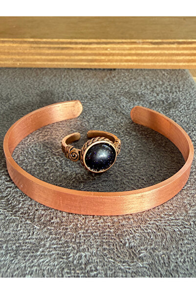 Rupen Kraft Handcrafted copper bracelet and natural stone ring set, adjustabl...