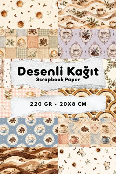 Mimu Art Studio Kahve Desenli Kağıt Seti Scrapbook Kağıdı (220 gr) Ajanda Kol...