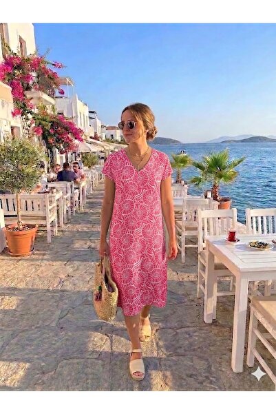 AYASOFYA OTANTIK Women's Ethnic Patterned Short Sleeve Midi Dress