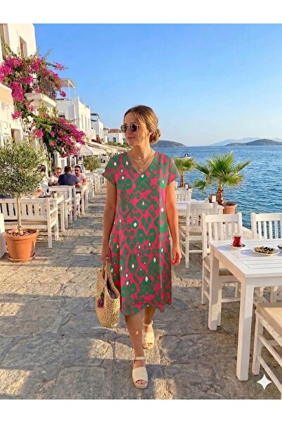 AYASOFYA OTANTIK Women's Ethnic Patterned Short Sleeve Midi Dress