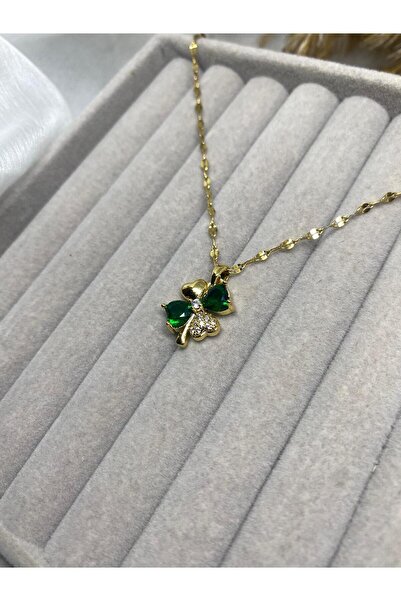 Kaan Accessoire Clover Model Necklace with Stone Detail, Stylish Chain, Gold ...