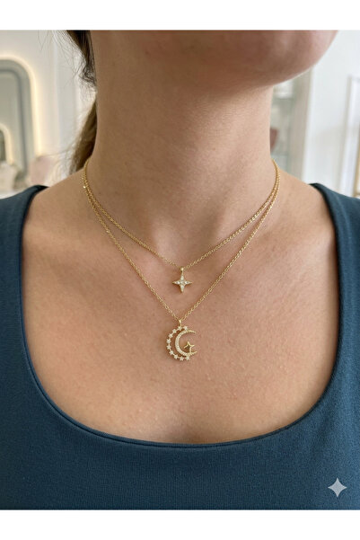 lavante butik kendini özel hisset Double Layer Zircon Stone Moon and Star Wom...