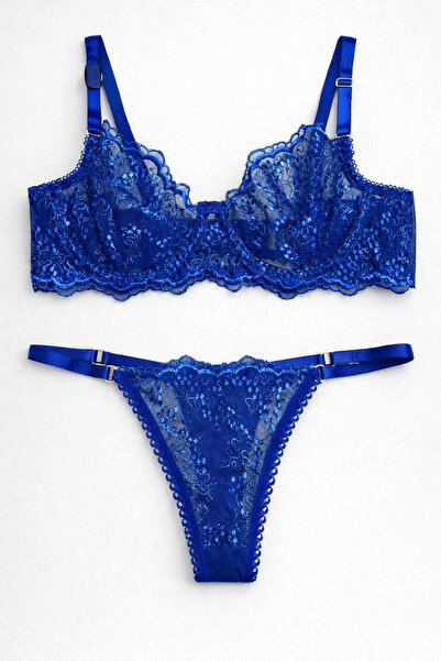 TAŞDELEN AVM Women's Underwire Blue Lace Floral Patterned Bralet Lingerie Set...