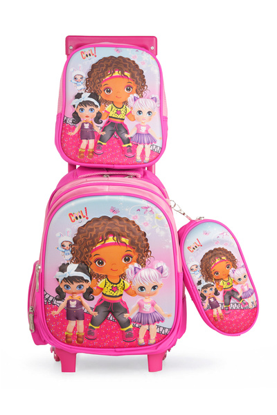 KTMC 3D Cartoon Dancing Girl Tripple Set Pen Bag, Lunch Bag, School Trolley B...