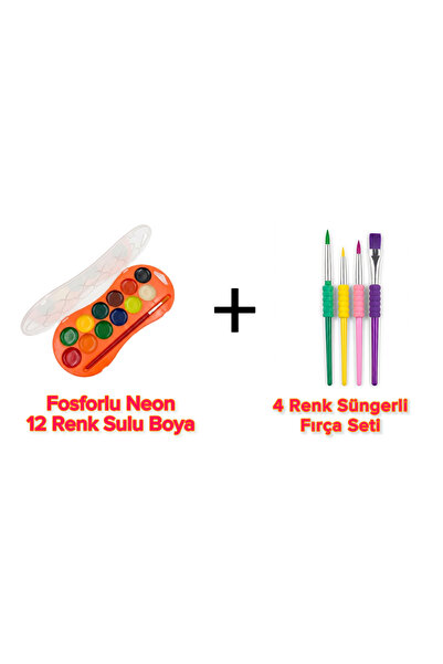 The Monarch Co Fosforlu Neon 12 Renk Sulu Boya ve 4'lü Ergonomik Süngerli Fır...