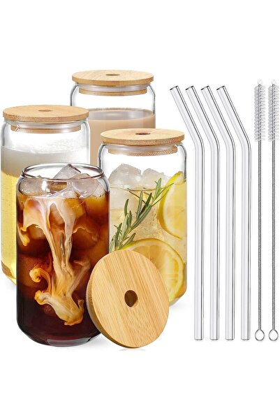 Generic HOOJO Drinking Glasses with Bamboo Lids and Glass Straw 4pcs Set - 16...