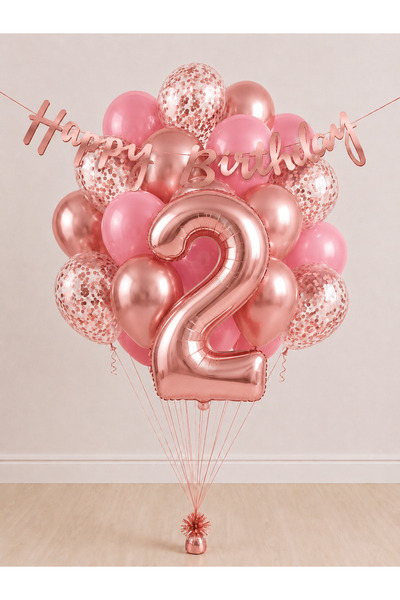 Balonsan -2- Age Rose Gold Happy Birthday Banner Themed Balloon Bundle 15 Pieces