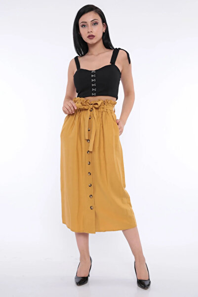 FIRST STYLE Turkish High-Waisted Mango-Colored Skirt with Soft Pleats and Fro...