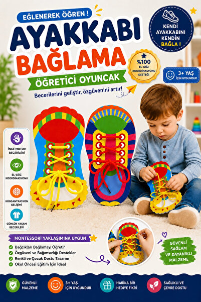 TİNEKE Montessori Ayakkabı Bağlama Eğitici Oyuncak İnce Motor Beceri Geliştir...