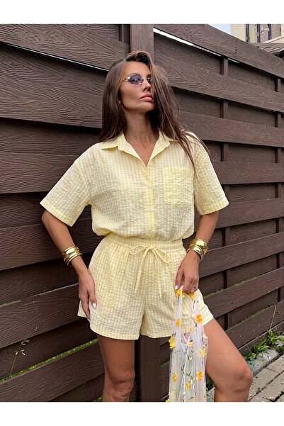 Miss Beyoğlu Women's Striped Shirt and Shorts Linen Two-Piece Set