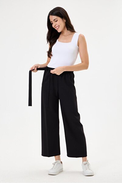 Vesli Women's Black Double Fabric High Waist Belted Wide Leg Palazzo Trousers