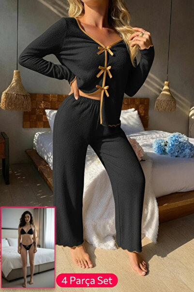 kapsulavm Women's Black Bowknot Lingerie and Long Sleeve V-Neck Pajama Set 4-...
