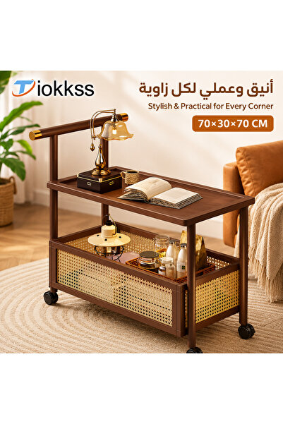 Tiokkss 70×30×70cm Rolling Side Table with Storage Basket, Walnut Mobile End ...