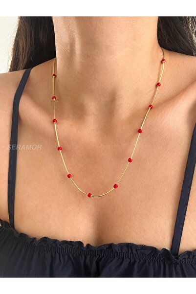 XUPING JEWELRY Kırmızı detaylı 14k altın renginde premium kararmaz kolye