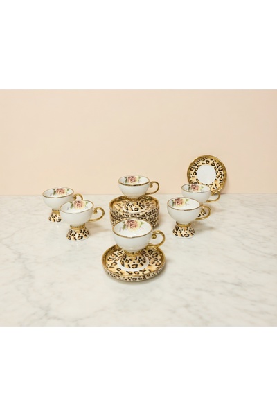 Queen’s Kitchen 6 Kişilik Çiçek Leopar Desenli Porselen Kahve Takımı