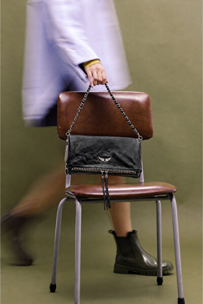 Füme Women's Black Hand and Shoulder Bag with Removable Chain Strap