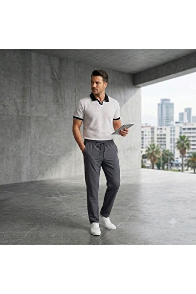 Baycombine35 Polo Collar Honeycomb Patterned T-Shirt and Comfortable Fit Lace...