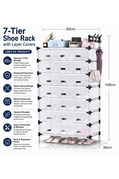 Baytix HOME 7-Tier Shoe Rack Organizer with Cover Space Saving Shoe Storage C...