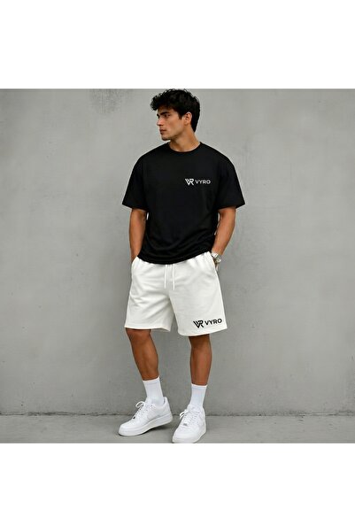 ONLY QUALİTY Unisex White Printed Tshirt Black Summer Tracksuit Set