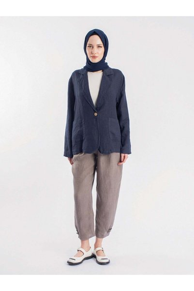 byözlemyazan Cuffed Button Detailed Belted Linen Trousers