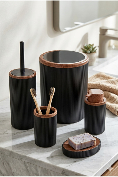 Homerest طقم حمام بوهيمي فاخر 5 قطع - طقم حامل فرشاة ووعاء صابون بتفاصيل خشبي...