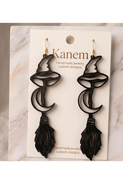 Kanem3D Witch Hat Broomstick Earrings