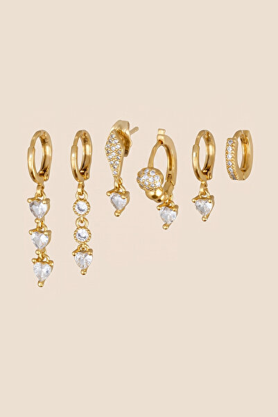 Hetra Gold Color Zircon Stone Heart Figured Long Dangle Earrings Set of 6