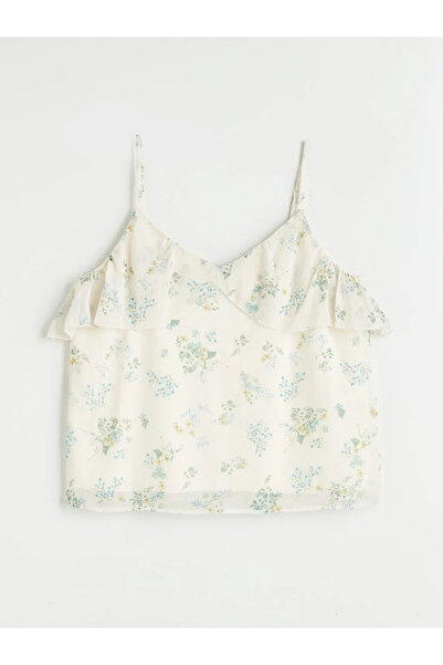 LC Waikiki Yellow V-Neck Floral Rope Strap Ruffle Blouse