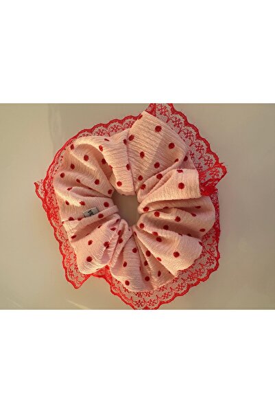 OIA Atelier Candy Pink Red Polka Dot and Lace Detailed Lace Scrunchie Elastic...