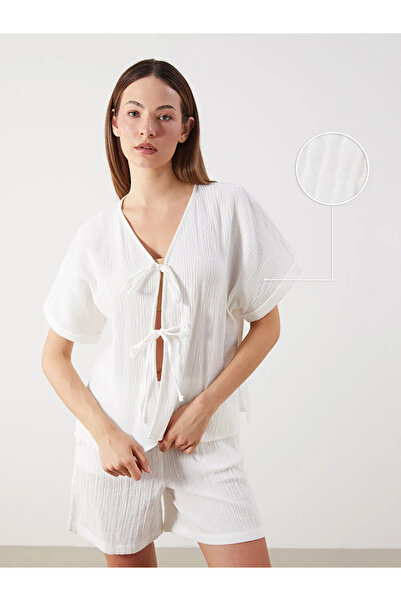 LC Waikiki Ecru V-Neck Textured Muslin Blouse with Bow on the Front