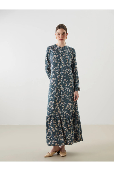 LC Waikiki Blue Hakim Collar Floral Belmando Dress