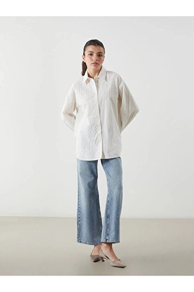 LC Waikiki Beige Striped Oversize Linen Blend Women's Shirt