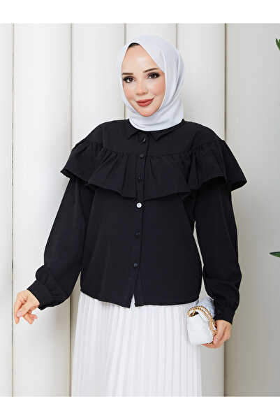 MİHRİZAR Women's Hijab Ruffled Flounce Detailed Long Sleeve Shirt Blouse