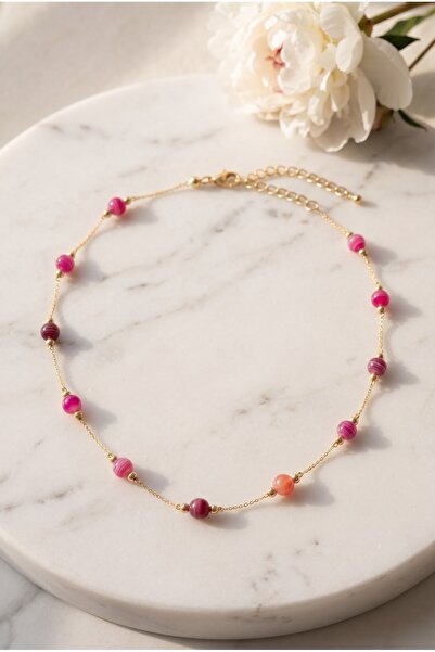 Mijja Pink Agate Natural Stone, Gold Color Lacquer Coating, Anti-Tarnish, Rus...