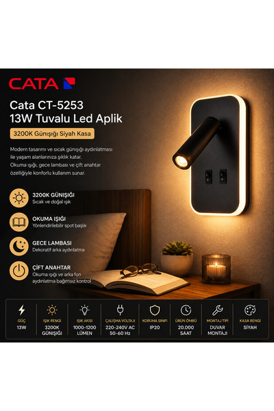 Cata CT-5253 Tuvalu LED Aplik 13W Siyah Günışığı 3200K Modern Duvar Armatürü
