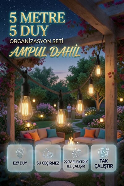 AC AYDINLATMA 5 Metre 5 Duy Organizasyon Seti ST64 4W E27 Ampul Dahil Su Geçi...