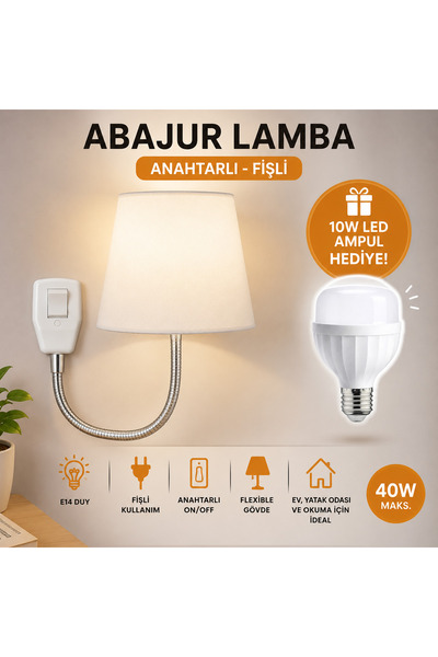 LifeTime Gece Lambası Abajur Lamba 40w E14 Duy Anahtarlı Fişli Tak Kullan Amp...