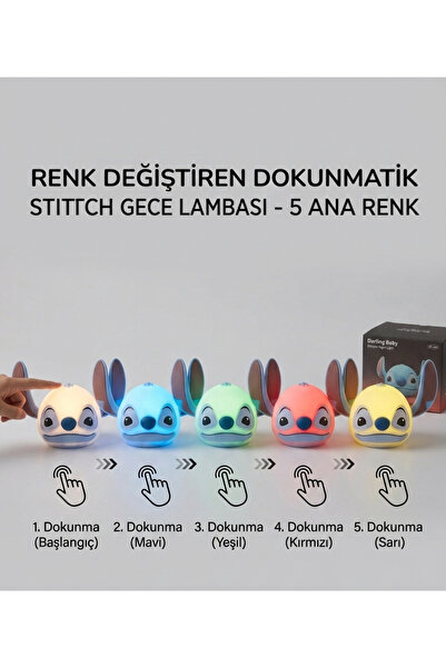 Meydin Stitch Figürlü Dokunmatik Renkli Silikon Gece Lambası