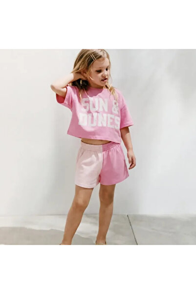 Generic Lulu Me Kız Çocuk Pamuklu Pembe Şortlu Crop Takım Oversize Geniş Kalı...